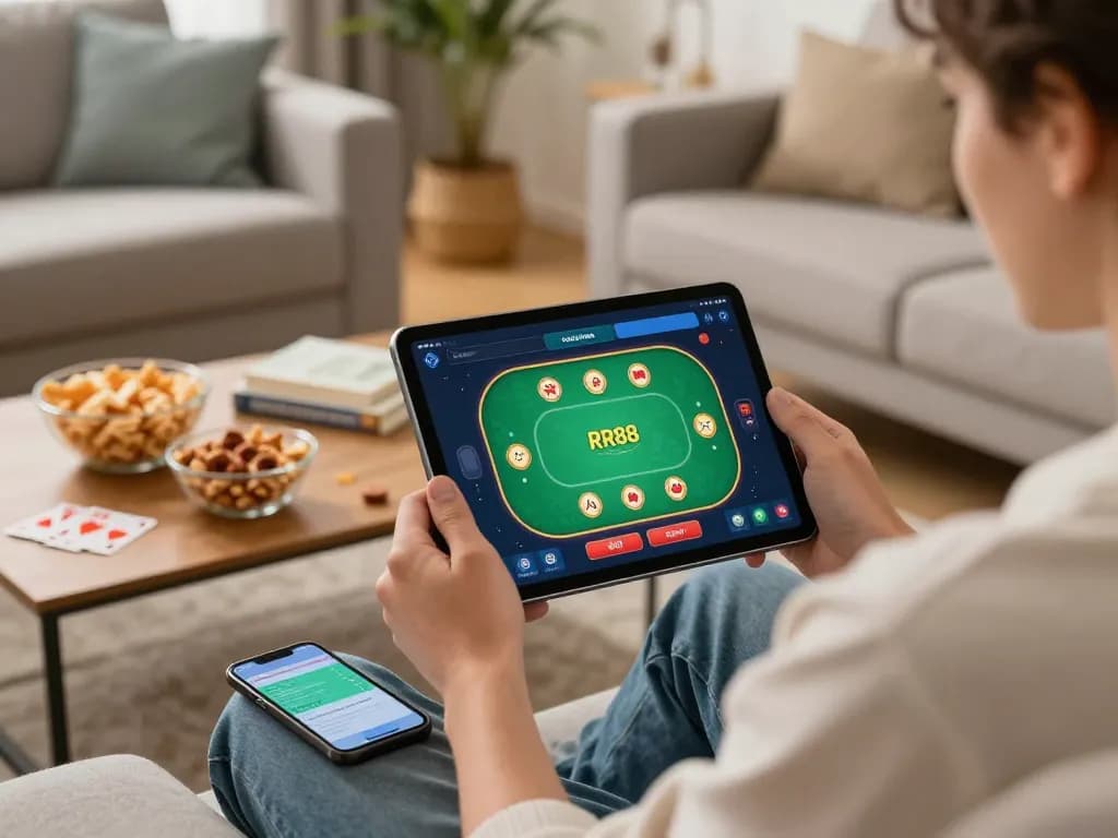 Engaging user playing poker on the RR88 App in a cozy home setting, showcasing responsible gaming.