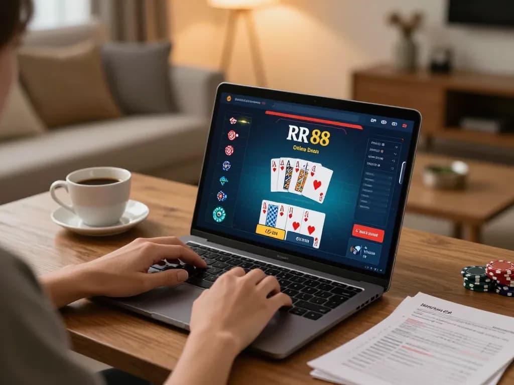 Engaging in online gaming at RR 88 with a cozy home setup, showcasing strategic betting.