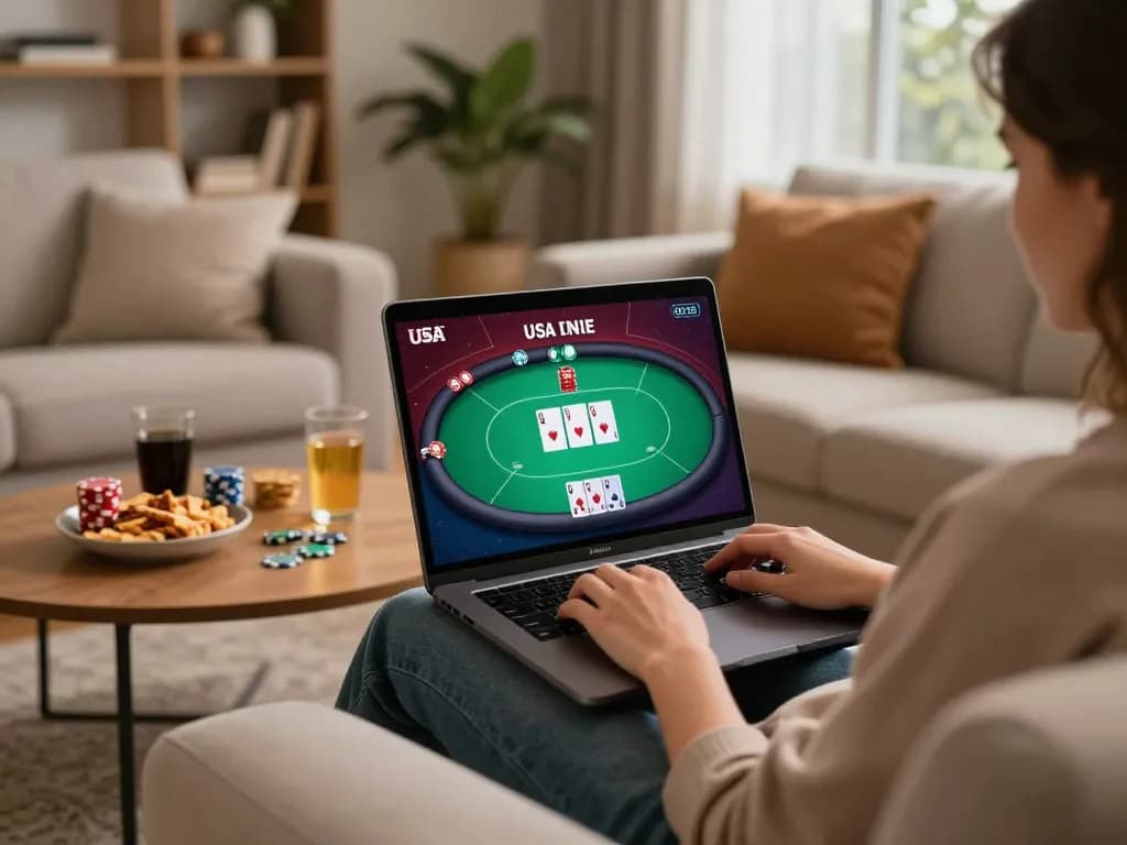 Engaging in online usa casinos from home using laptop for poker strategy sessions.