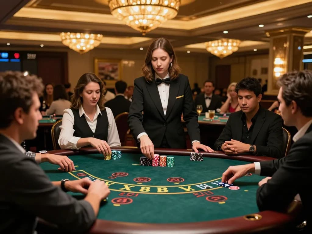 Players enjoying blackjack at XX88 casino with dynamic dealer interaction and elegant setup.