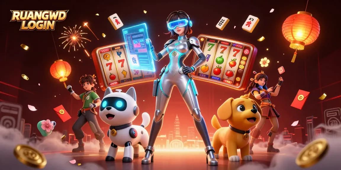 Engage with RUANGWD LOGIN through thrilling slot experiences in this vibrant digital 3D casino scene.