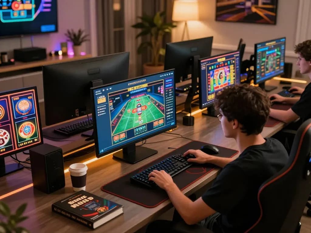 Engaged gambler at lucks8 online casino setup, multiple screens showcasing live dealer games and slots.