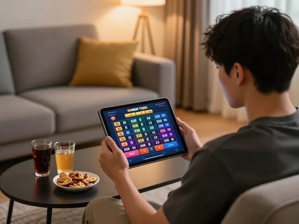 Momen permainan online yang menarik dengan taruhan bandar togel di tablet di ruang tamu yang nyaman.