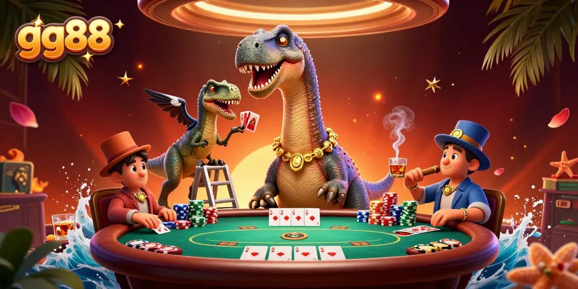 Join gg88 in an exciting poker showdown with towering characters and vibrant casino elements.