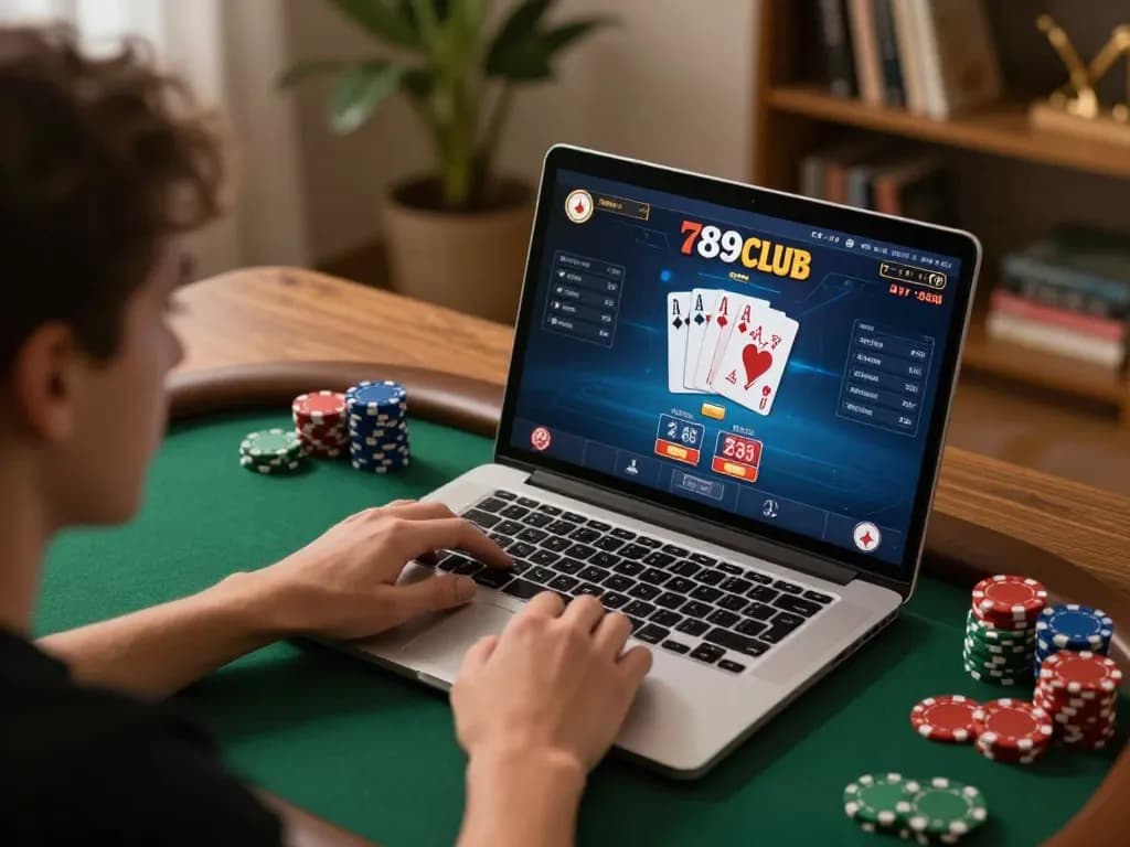 Player enjoying online poker gameplay on 789club with cards displayed on screen, cozy home atmosphere