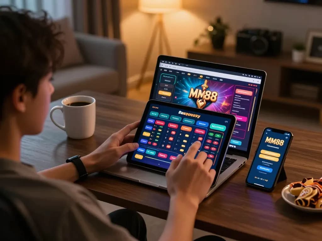 Player using tablet for MM88 online casino gaming in a stylish home setting, engaging with betting strategies.
