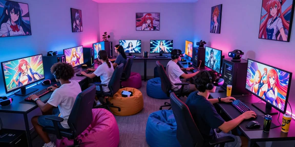 Gamers engaged in playing hentai games at a vibrant gaming station with anime graphics and snacks.