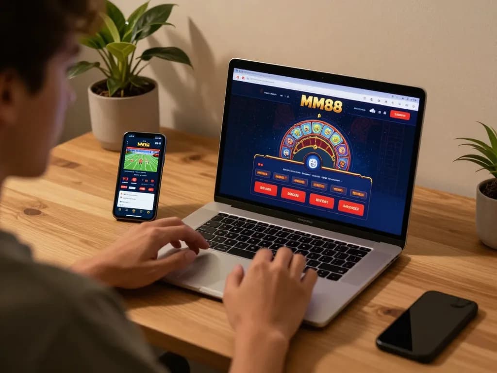 Engaging with MM88 casino app on a stylish desk setup with laptop and smartphone.