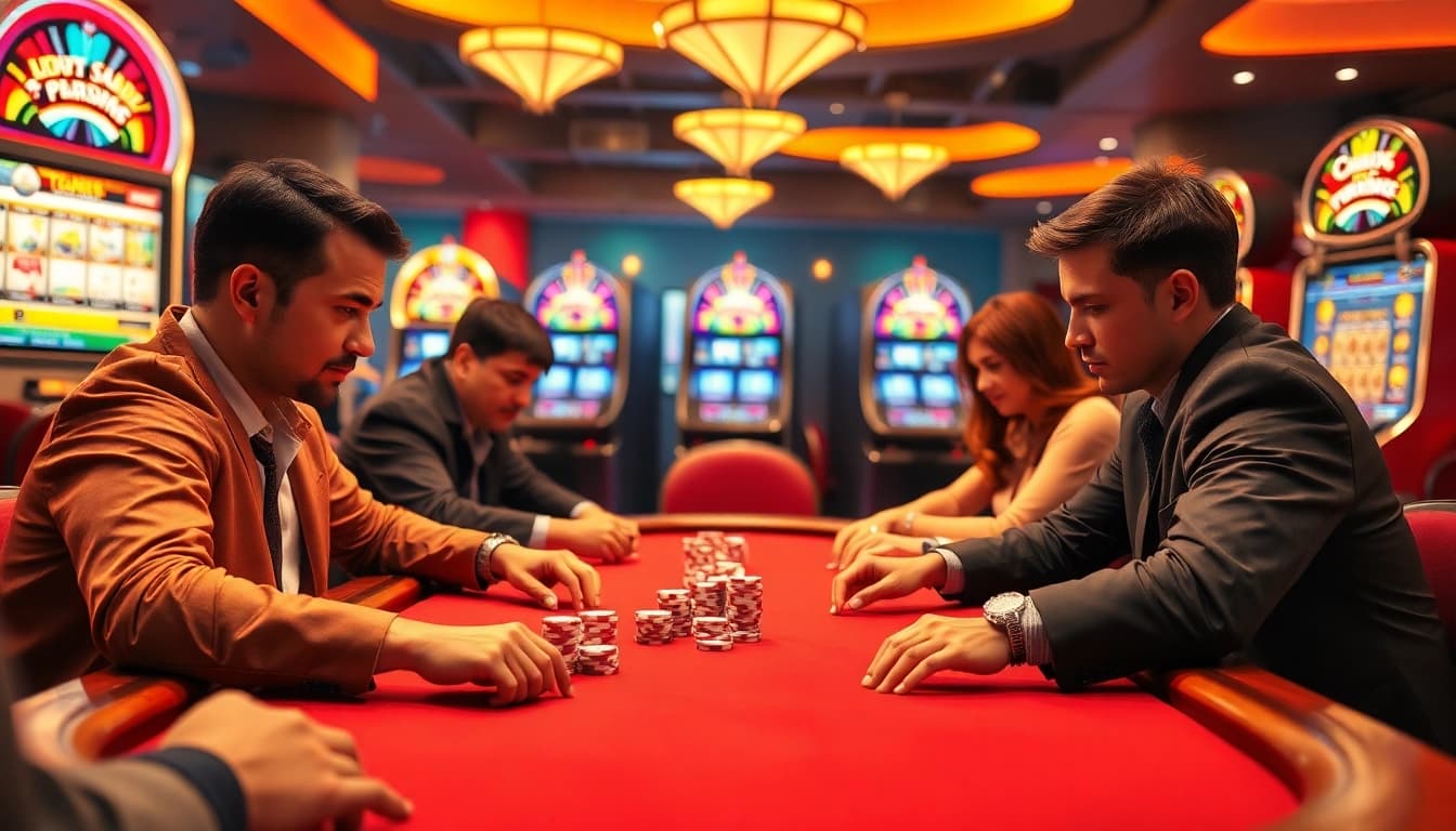 Berpartisipasi dalam permainan poker di xgslot88 dengan suasana kasino yang glamor dan penuh warna.