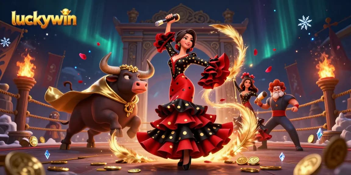 Experience thrilling games at luckywin with a captivating 3D illustration of a flamenco dancer and bull.