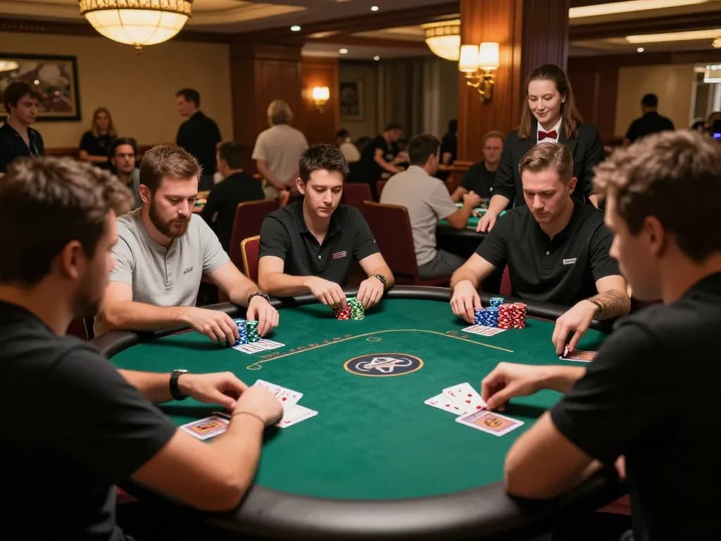 Players intensely strategizing in a lively five88 poker tournament, chips stacked high.