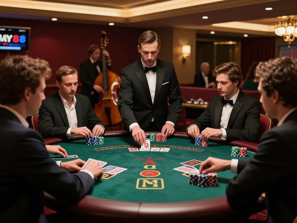 MAY88 casino players engaged in a thrilling game of blackjack at upscale gaming table.