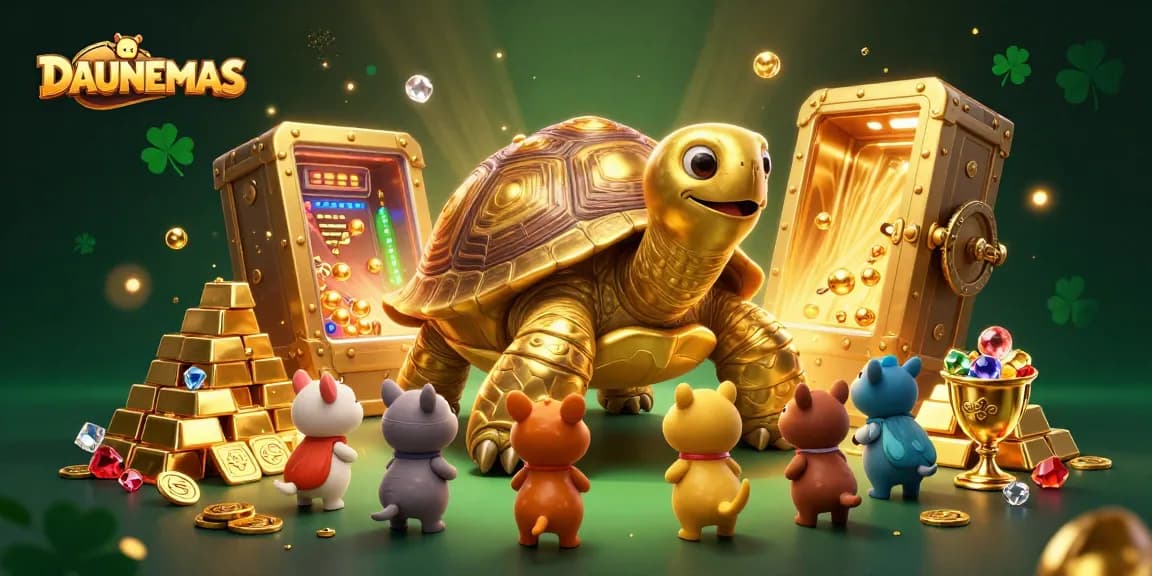 DAUNEMAS presents a vibrant 3D illustration of a colossal golden tortoise, captivating the casino experience.