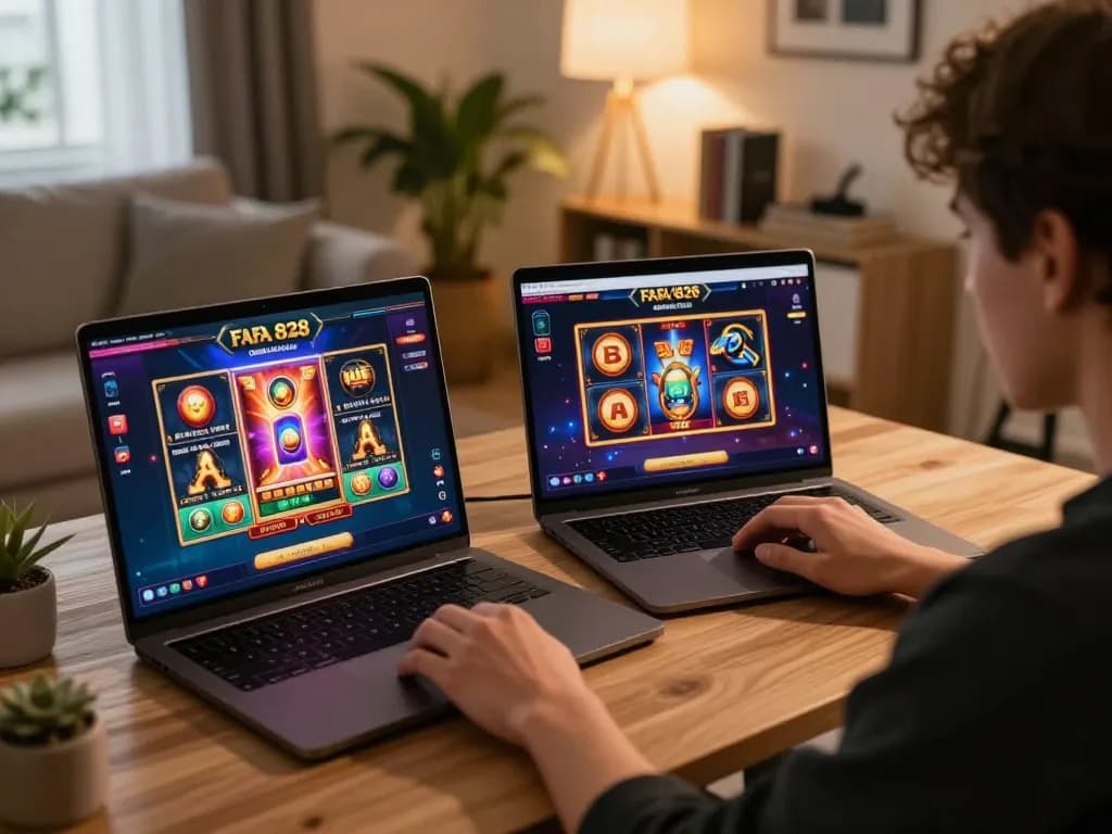Engaging scene playing FAFA 828 online casino on laptop, showcasing vibrant graphics and home ambiance.