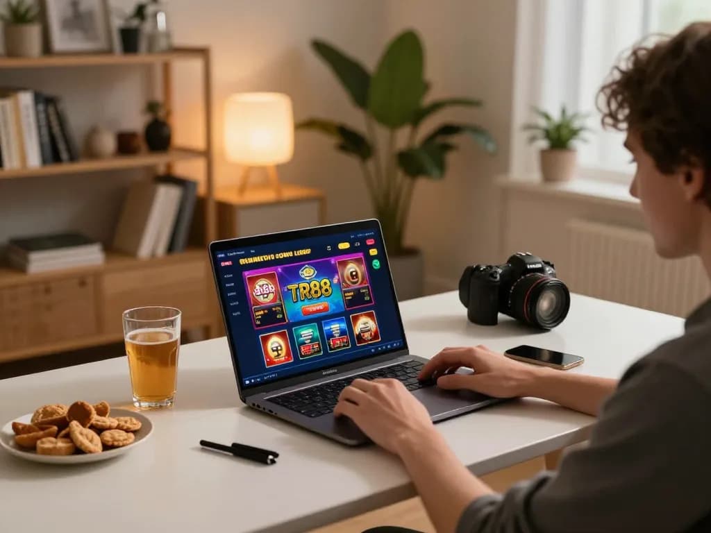 Player engaging in online gambling on TR88 with a colorful app interface on laptop
