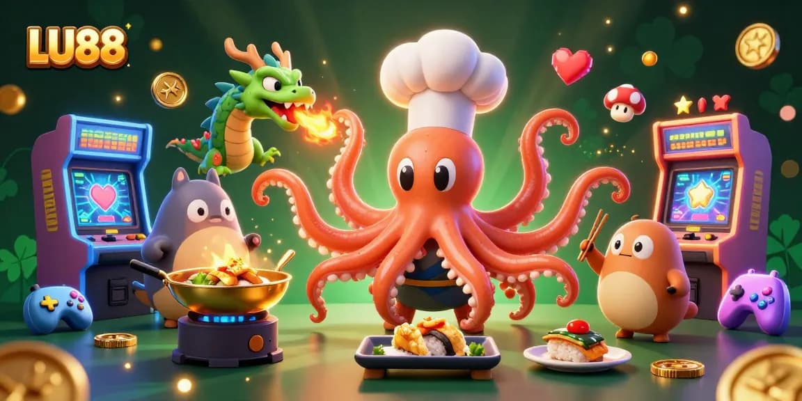 Experience LU88's vibrant gaming world with a dynamic illustration of an octopus chef and dragon in action.