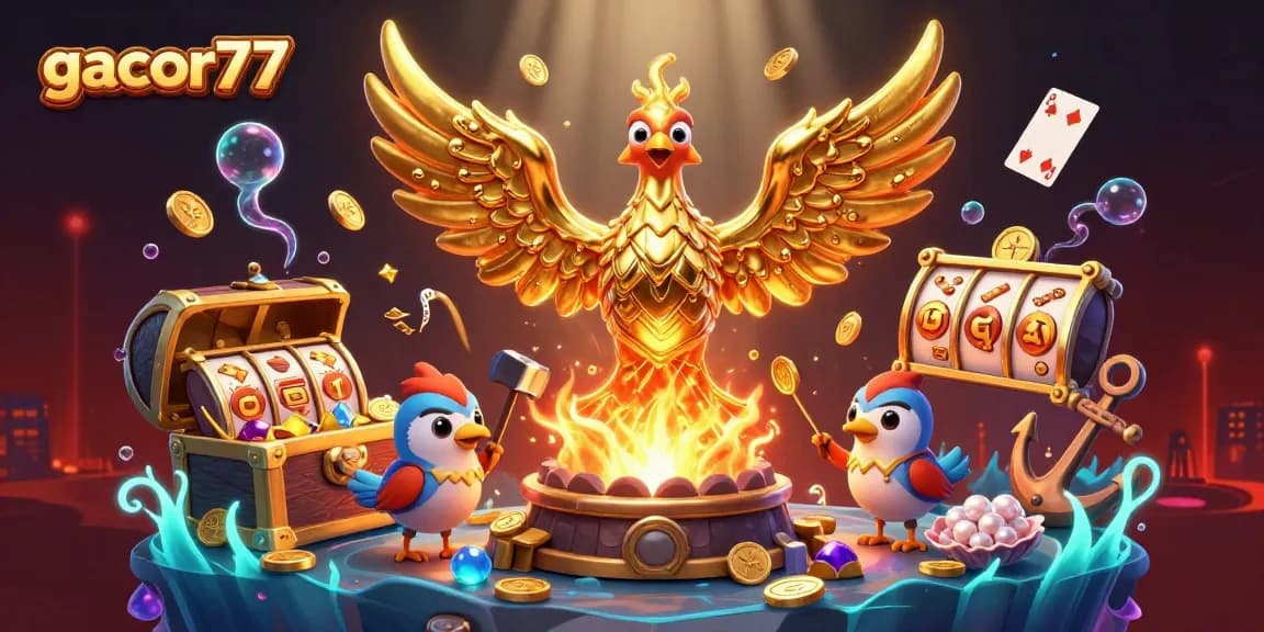Raih kesenangan bermain gacor77 dengan ilustrasi 3D menakjubkan menggambarkan phoenix emas dan elemen kasino.