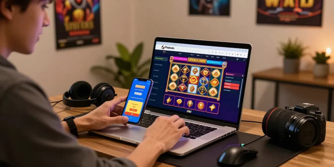 Pajaktoto resmi online gaming interface with player engaged in a thrilling gaming experience in a cozy home office.
