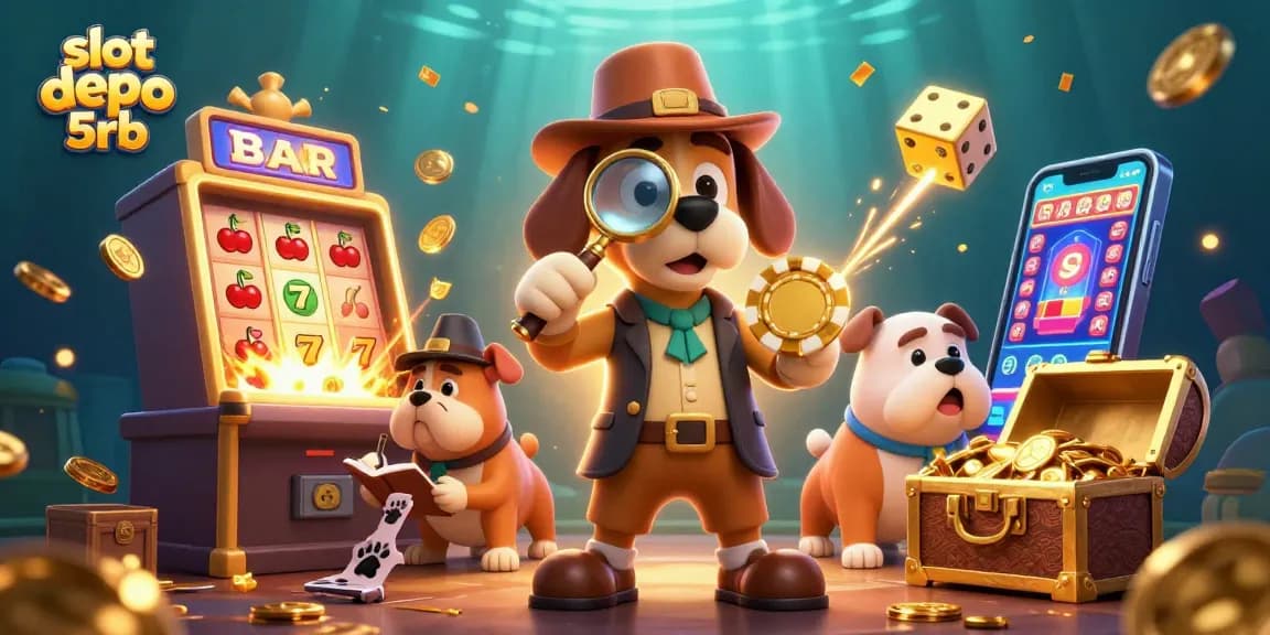 Join the excitement of slot depo 5rb with cartoon characters discovering treasures in a vibrant casino scene.