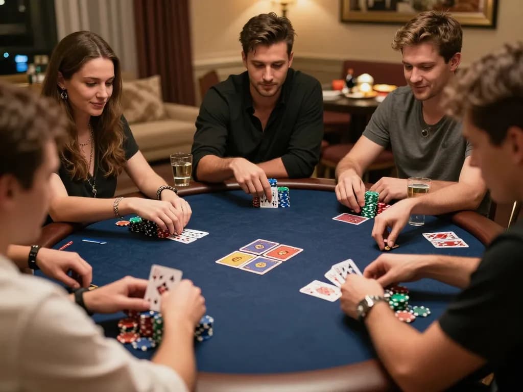 Players engaging in a thrilling poker game at home showcasing F8BET betting strategies