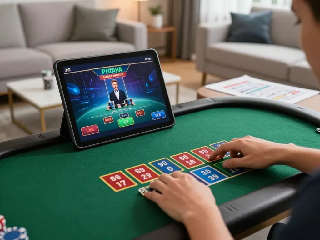 Phtaya player engaging in live dealer poker on a tablet in a cozy home environment.