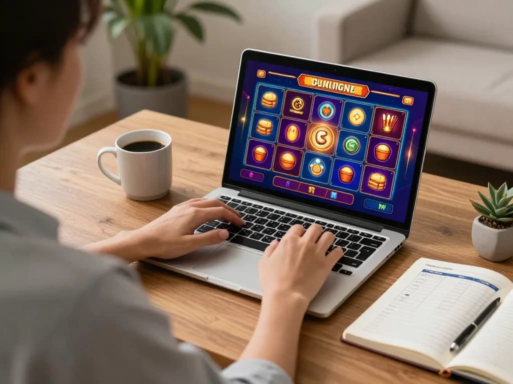 Suasana rumah yang menarik dari seorang pemain yang menikmati permainan slot situs toto di laptop dengan catatan anggaran.