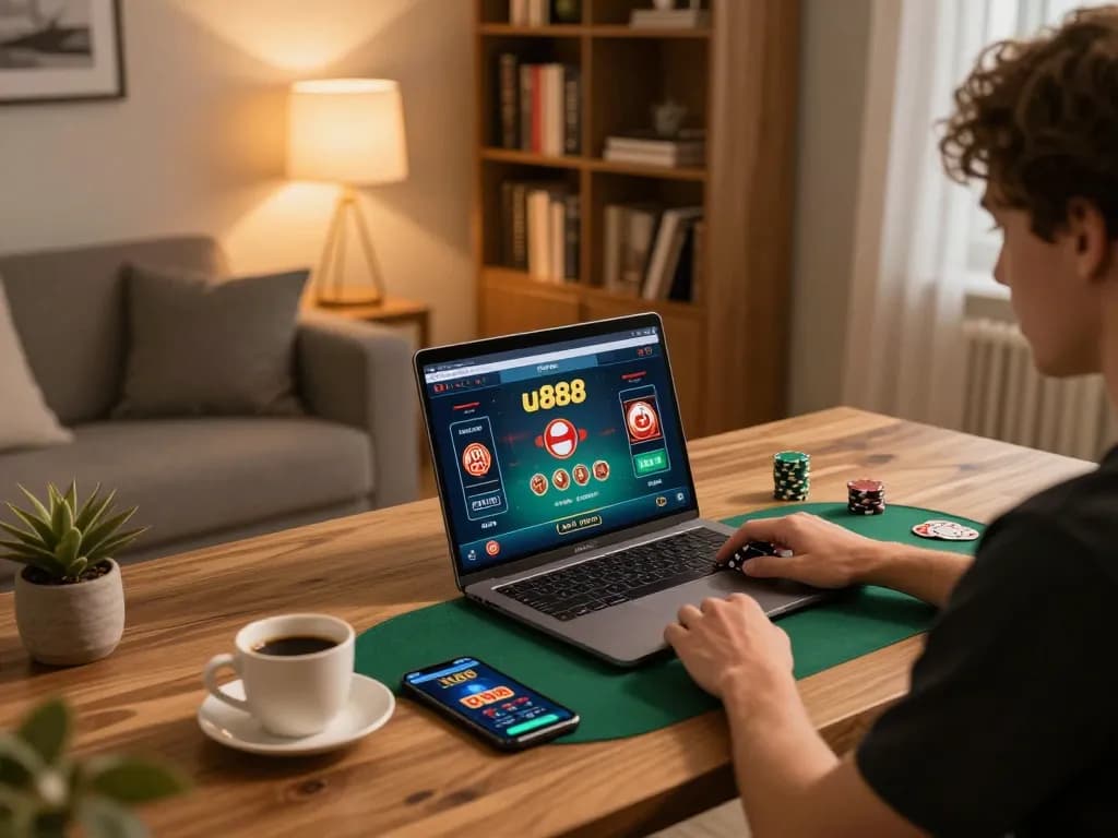 Player engaging with u888 casino app on a laptop in a cozy home gaming setup.