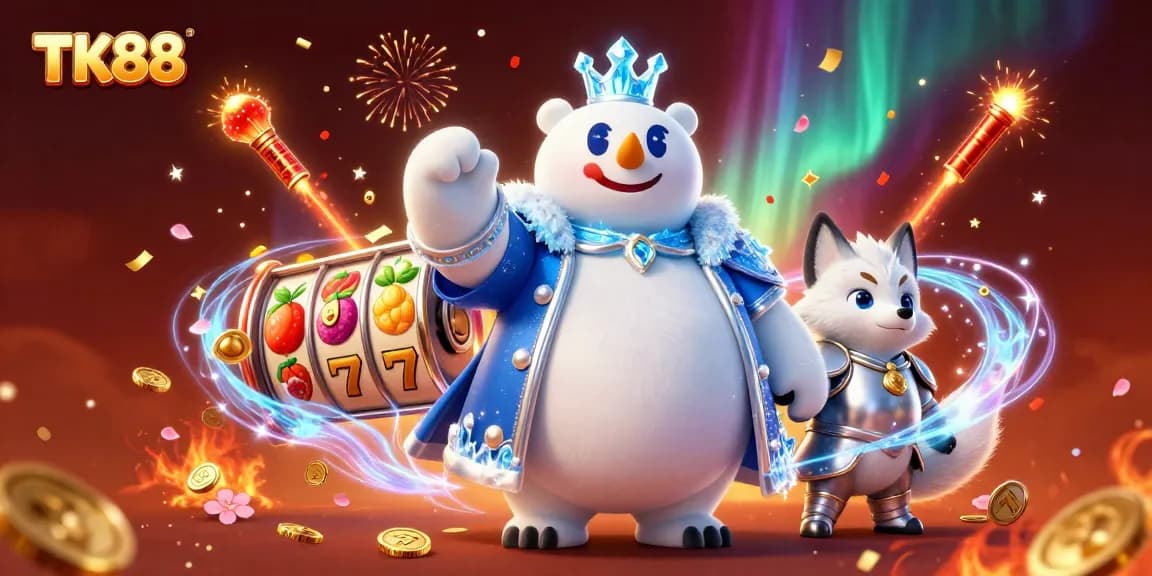 Engage with TK88's vibrant casino experience featuring 3D characters, slot reels, and festive confetti.