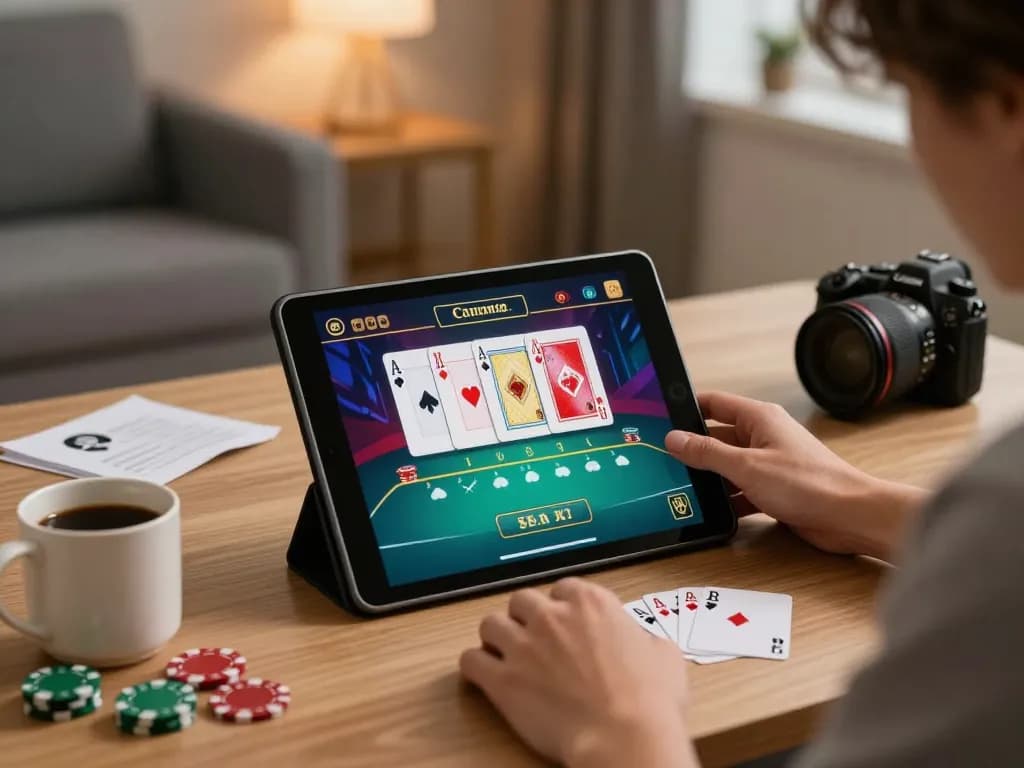 Iwin player engaged in online poker game on a tablet, showcasing vibrant graphics and cozy setting.