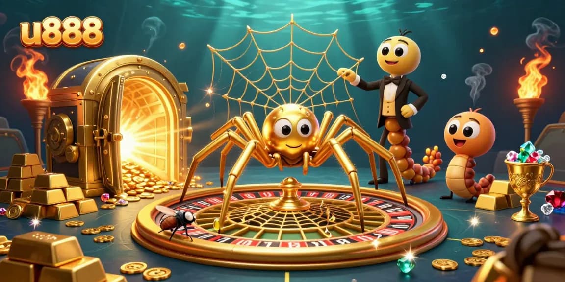 Experience thrilling bets at u888 with a cartoon scene of a spider and a web roulette wheel, evoking casino excitement.