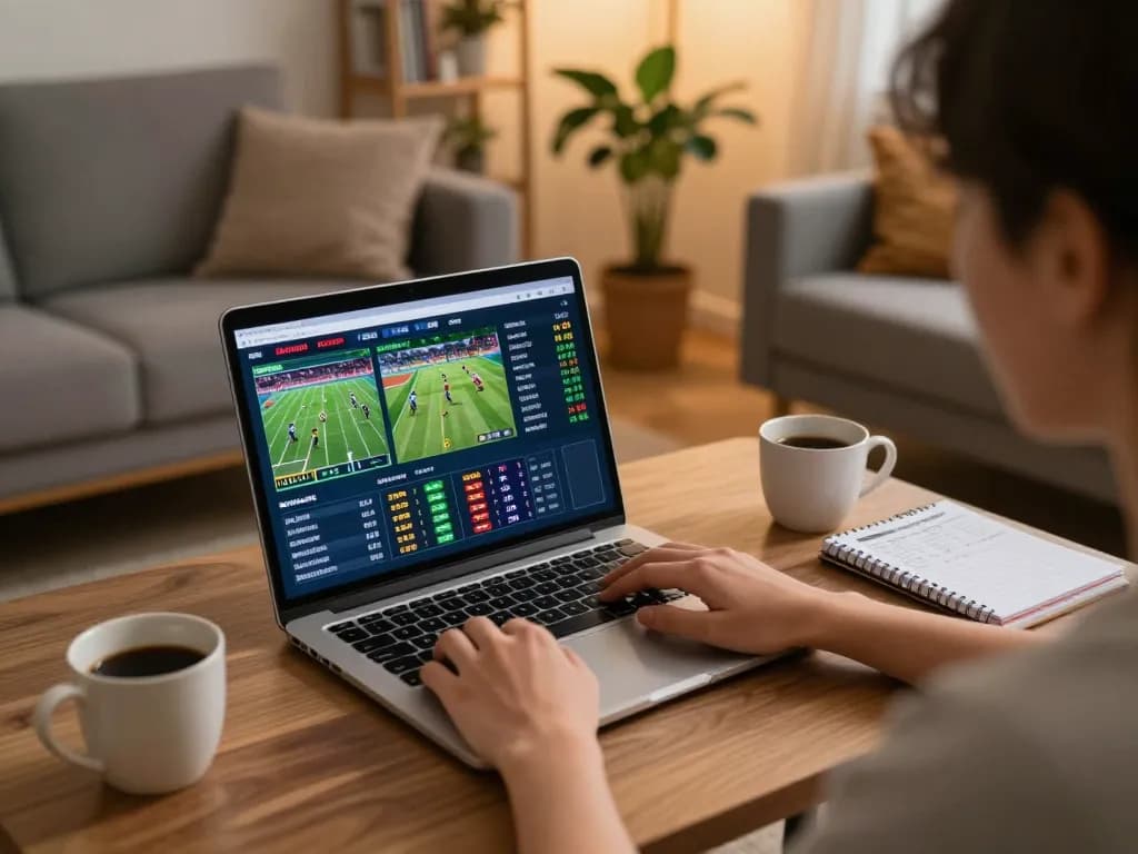 Soi Kèo sports betting at home with a person placing bets on a laptop, showcasing a cozy atmosphere.