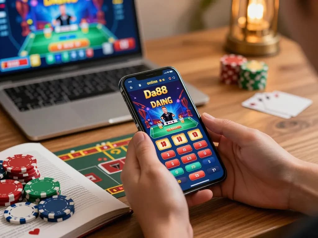 Players enjoy Da88 casino game on smartphone with poker chips and strategy book nearby.