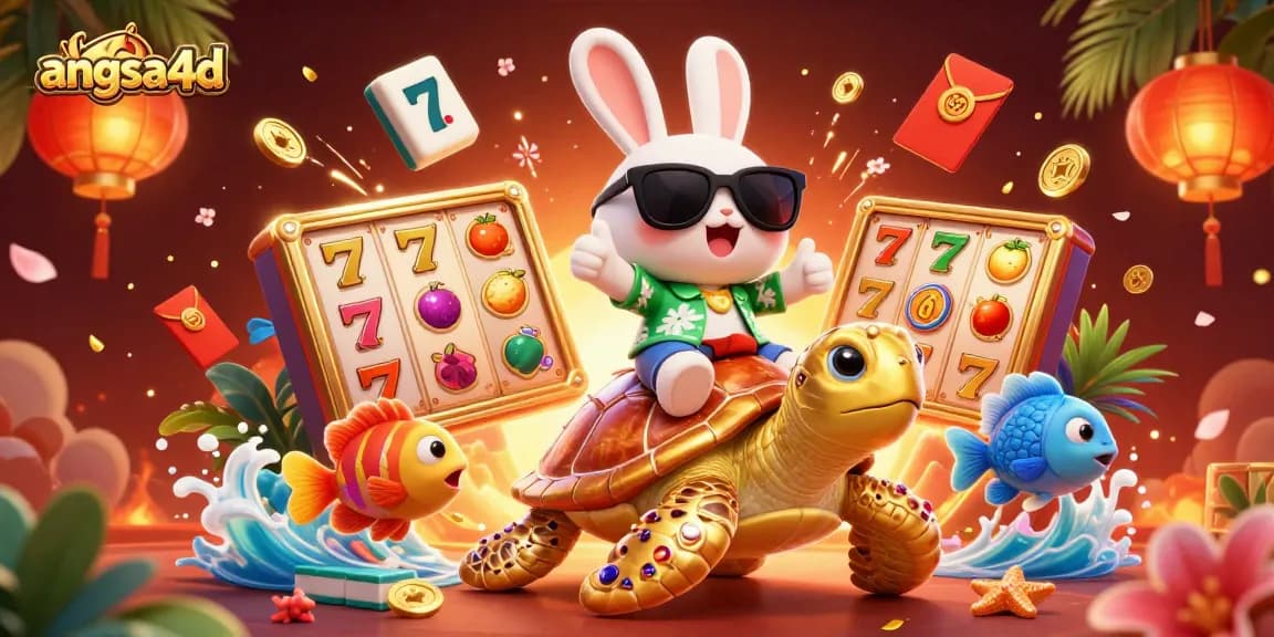 Experience winning moments with angsa4d as a lucky rabbit rides a golden turtle amidst vibrant casino elements.