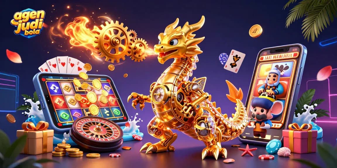 Engage with agen judi bola in a vibrant scene featuring a mechanical dragon, slot games, and casino elements.