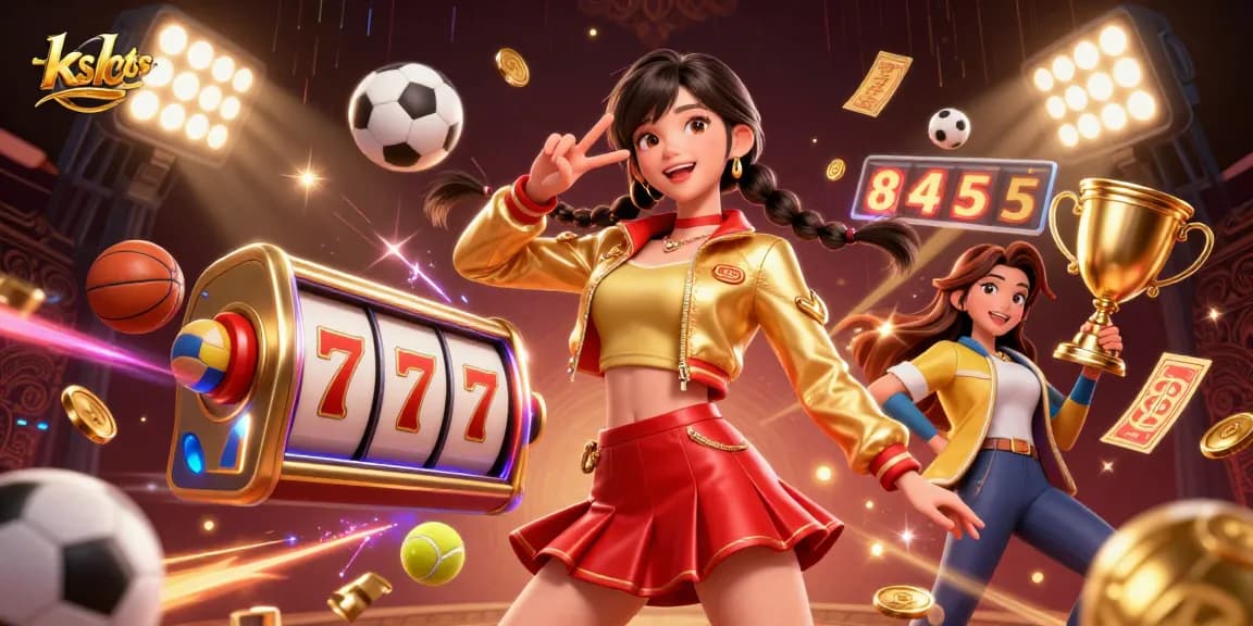 KDSlots offers an immersive experience with vibrant visuals of slot games, jackpot counters, and sports elements.