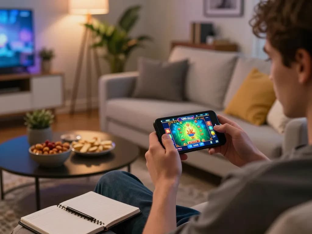 Player enjoying mobile gaming on the 789 club app in a cozy living room setting, showcasing strategic gameplay.