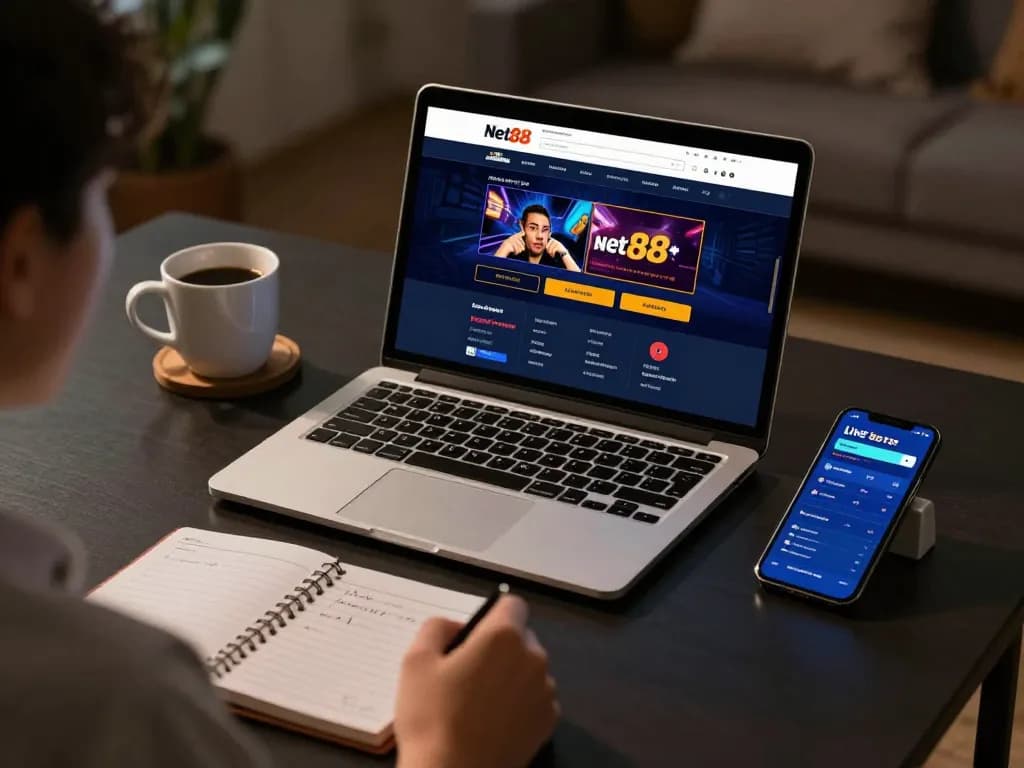 Engaged player using net88 for online casino betting on a modern laptop.