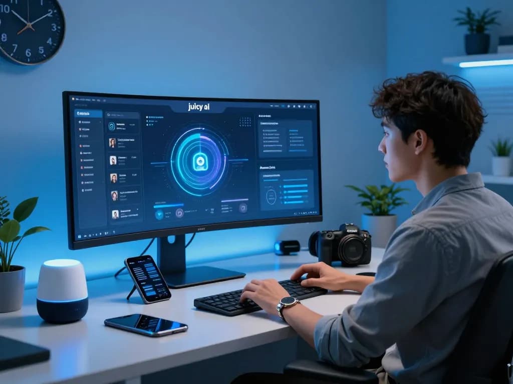 Engaged user exploring juicy ai features on a modern workstation, showcasing innovative technology.
