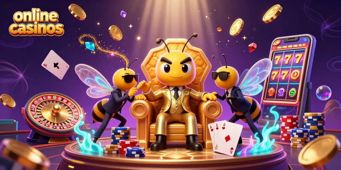 Engage with exciting online casinos featuring dynamic moments, flanked by animated casino characters.