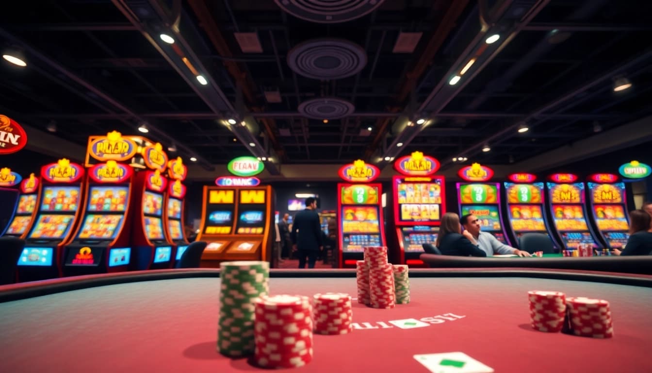Mahongtoto, menikmati suasana kasino dengan mesin slot dan permainan poker yang ramai.