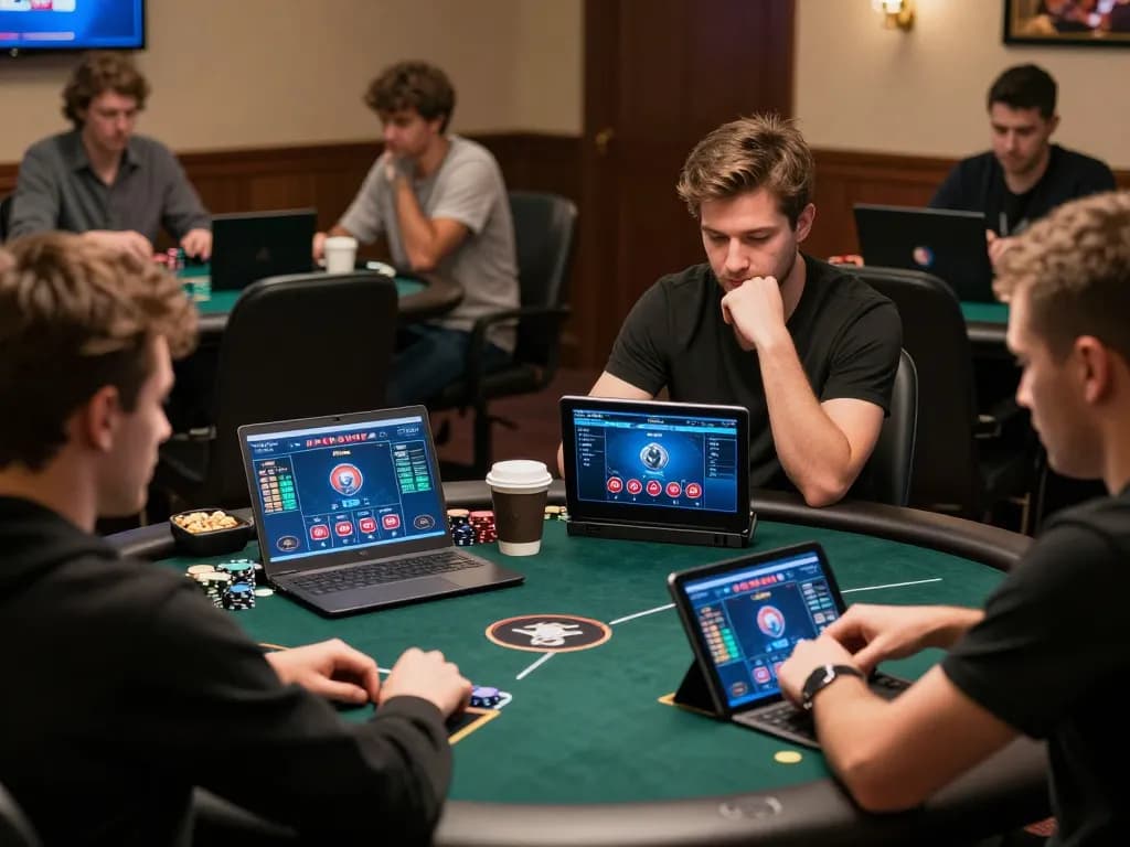 Players engaged in an online poker session using RR99 platform with focused expressions, showcasing strategic gameplay.