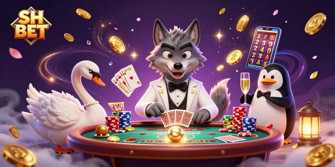 Experience the excitement of SH BET with a charming wolf, elegant swan, and penguin at the baccarat table.