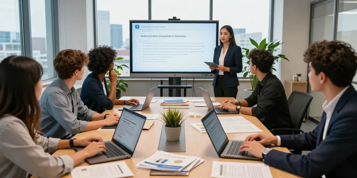 Team of international student advisors discussing strategies related to https://aisa.org.uk in a modern conference room setting.