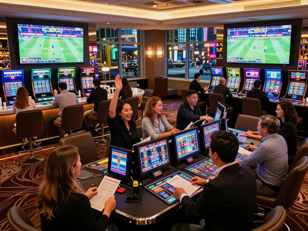 Excited sports bettors at okwin enjoying a vibrant betting lounge atmosphere with live screens
