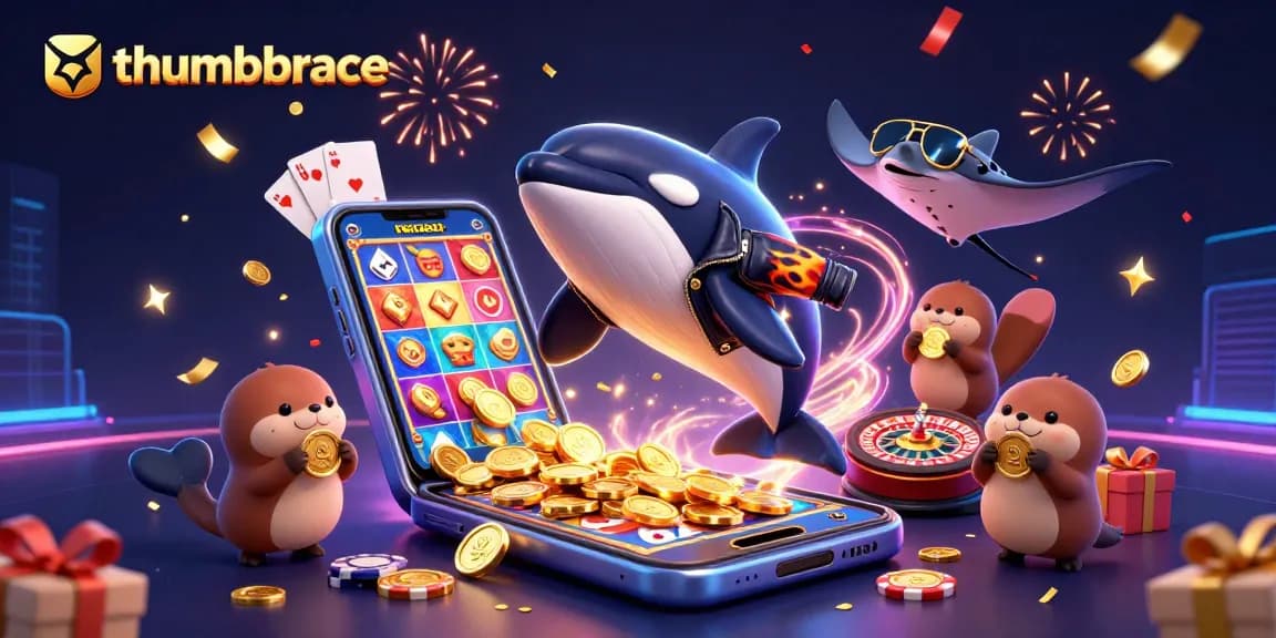 Engage with thumbbrace as a vibrant casino scene featuring animated characters and thrilling action.