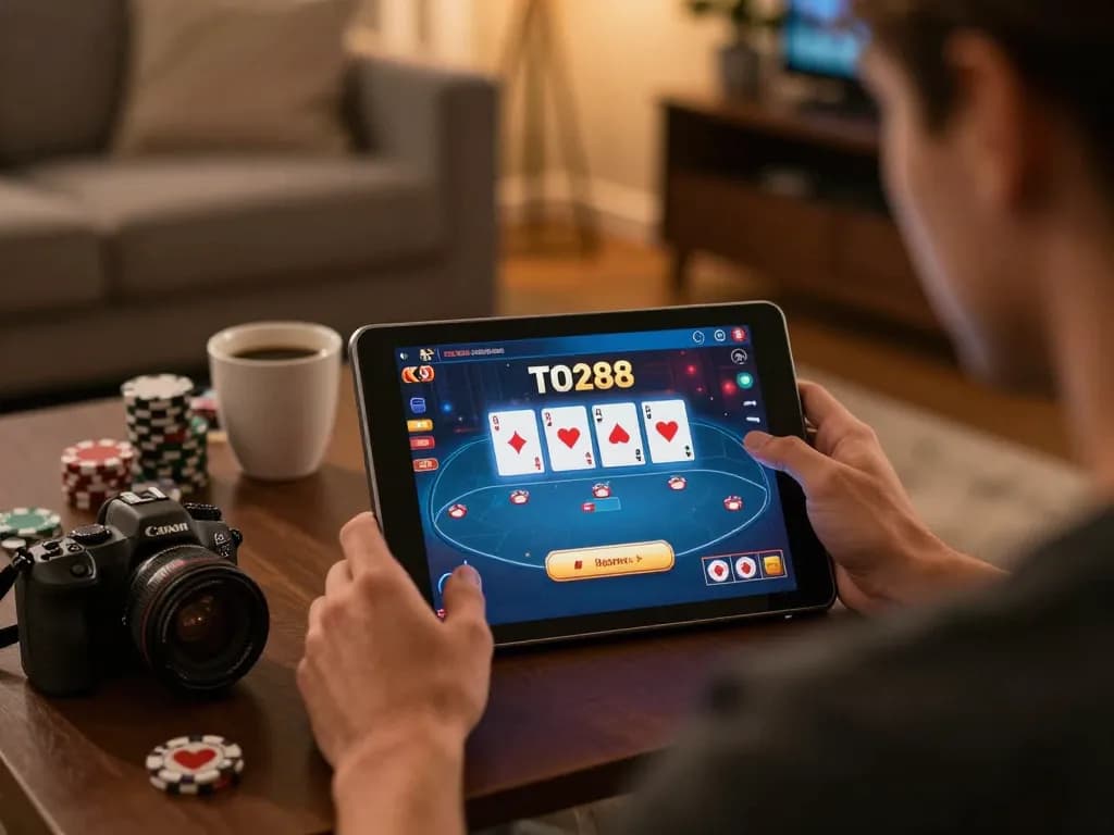 Player enjoying TO288 online casino interface at home, highlighting strategic gaming with a cozy atmosphere
