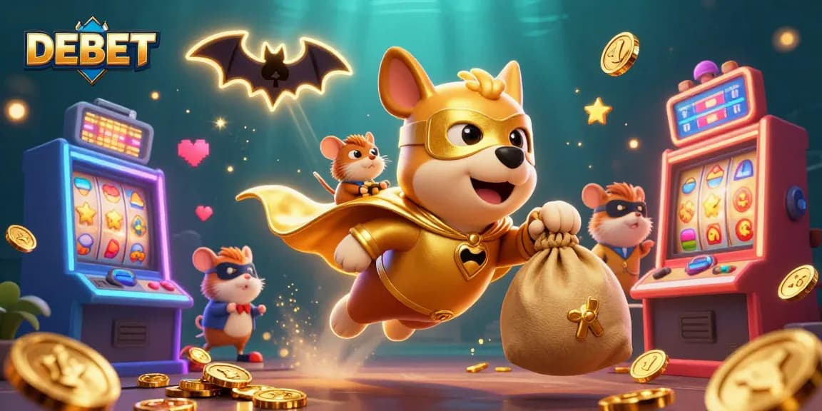 Experience exciting casino gameplay with DEBET, featuring a superhero dog and colorful slot machines.