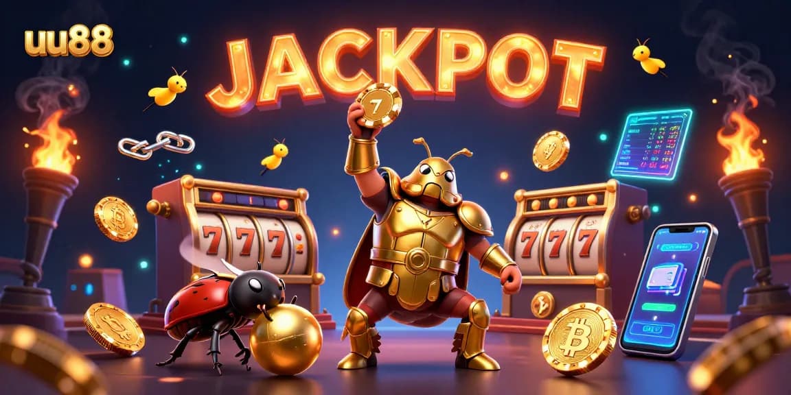 uu88 showcases a victorious beetle champion with slot elements, celebrating a big jackpot!