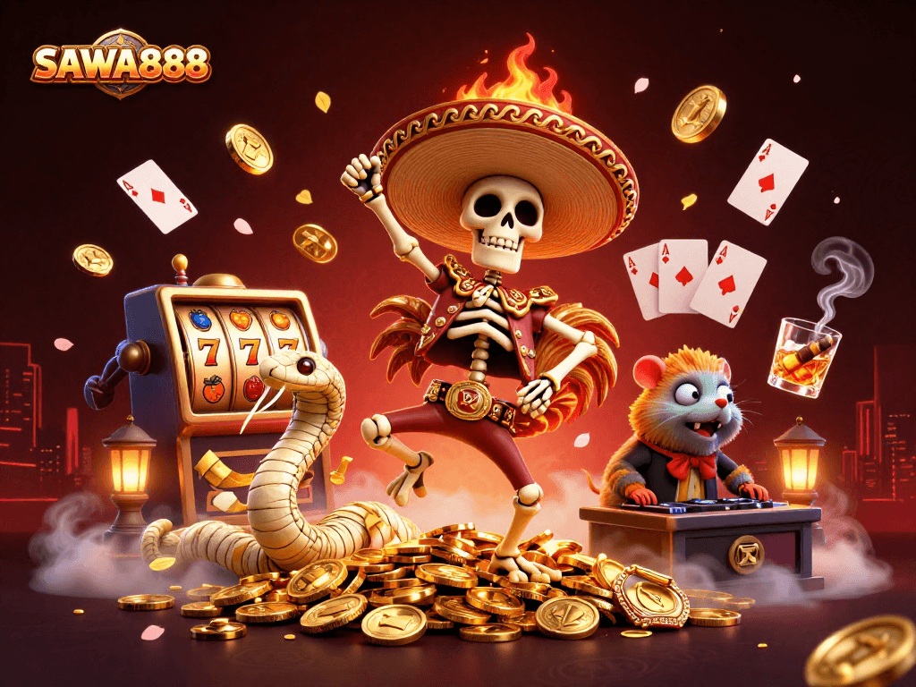 SAWA888 skeleton mariachi rooster celebrates wins while spinning slots with golden coins and casino elements.