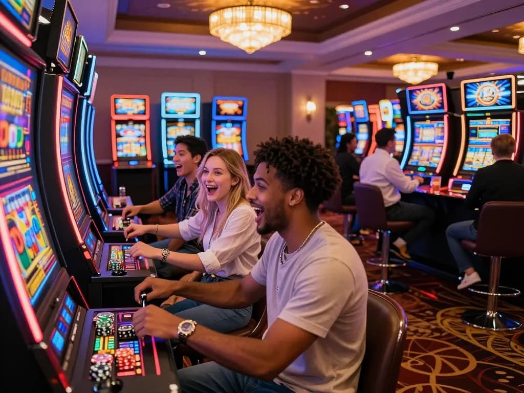 Excited players engaging with the tv88 slot machine in a lively casino atmosphere.